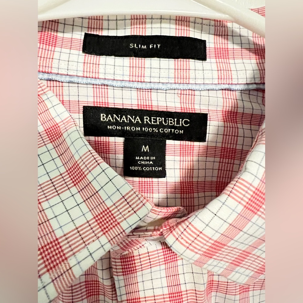 Banana Republic Slim Fit Red and White Plaid Cotton Dress Shirt
